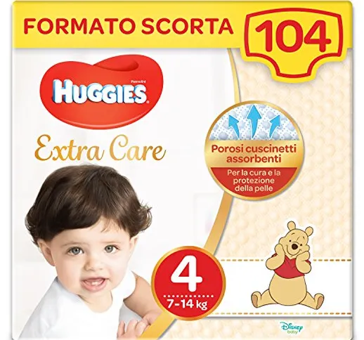 HUGGIES Pannolini Extra Care, Taglia 4 (7-14 Kg), Confezione da 104 Pannolini (4 x 26)