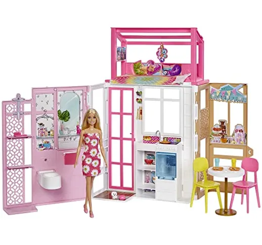 Barbie - Playset con Bambola e Casa a 2 Piani con 4 Aree Gioco, Arredata, con Cagnolino e...