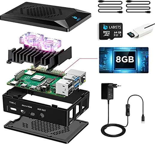 Raspberry Pi 4 Model B 8GB RAM Starter Kit, RPi Barebone con MicroSD Card 64GB, Tipo C Ali...