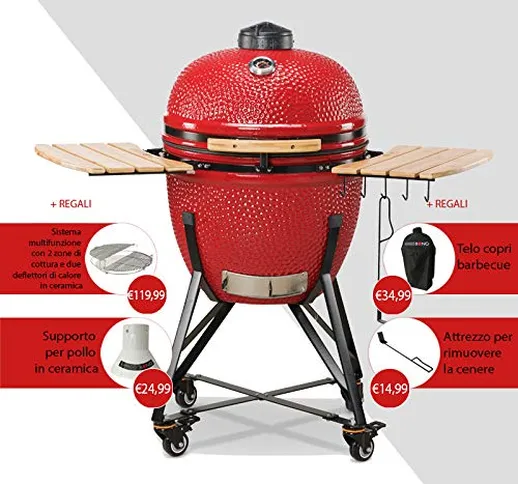 Kamado BONO Grande 23" 59 Red cm Barbecue in Ceramica con Sistema Dual Zone