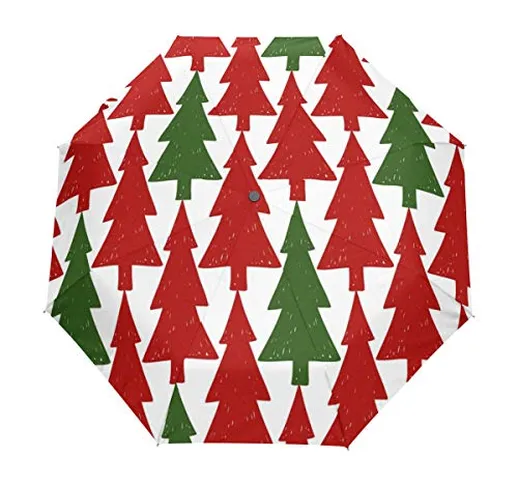 BIGJOKE - Ombrello a 3 pieghe con apertura automatica, motivo albero di Natale, antivento,...