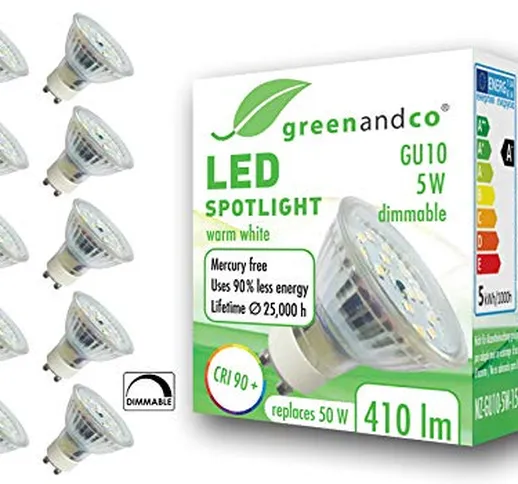 10x Spot a LED dimmerabile greenandco® IRC 90+ GU10 5W (equivalente spot alogeni 50W) 410l...