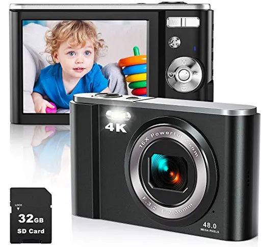 Fotocamera Digitale Compatte 4K HD Macchina Fotografica con Scheda SD da 32 GB 48MP 2,88"...