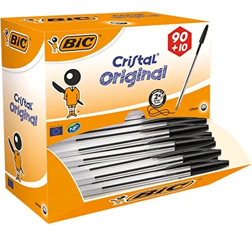 BIC Penne Nere a Sfera, Cristal Original, Punta Media, 1.00 mm, Confezione 90+10 Penne, Fo...