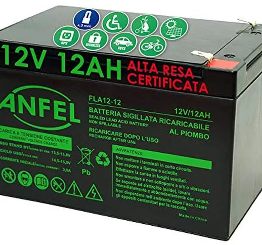 ANFEL 12V 12AH Batteria Ricaricabile al Piombo VRLA Faston F2 6.35mm per allarmi antifurti...