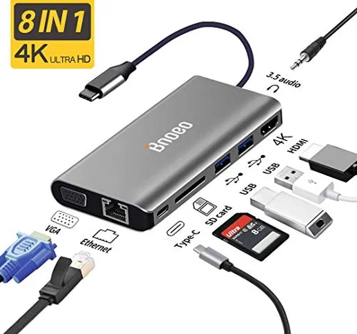 Bnoeo Hub USB C 8 in 1 Adattatore HDMI 4K VGA PD 100W Ethernet 1000Mbps Slot SD/TF 3.5Audi...