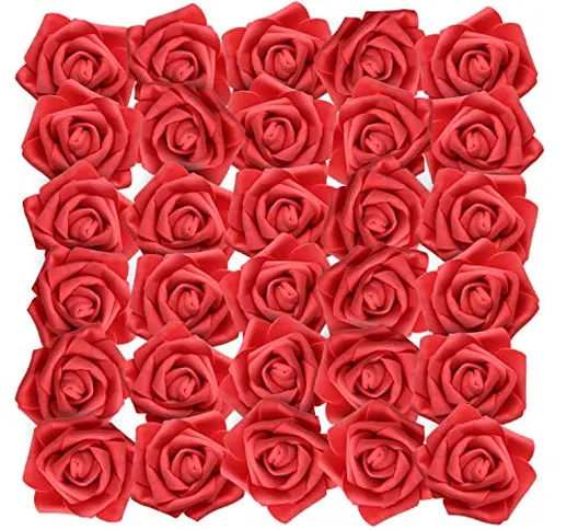 BELLE VOUS Fiori Artificiali (50 Pezzi) - Rose Artificiali Rosso con Gambo 19cm- Reale Cer...
