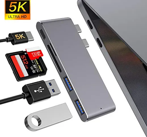 Hub USB C Adattatore 5-in-2 Tipo C Alluminio con Porta Thunderbolt 3,2 Porte USB 3.0, Lett...