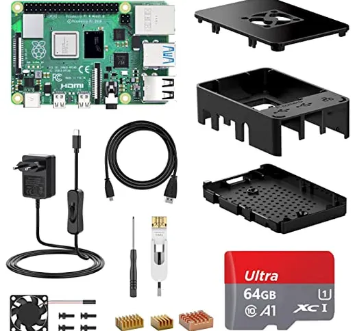 NinkBox Raspberry Pi 4 Modello B, RPi Barebone 4GB RAM + ROM 64GB, Starter Kit:Alimentator...