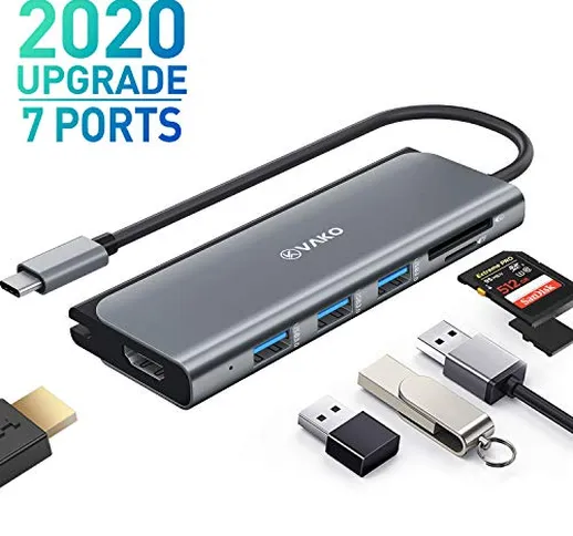 VaKo Hub USB C 4K Adattatore HDMI 7 Porte con 3 Porte USB 3.0, Lettore di schede SD/TF, 4K...