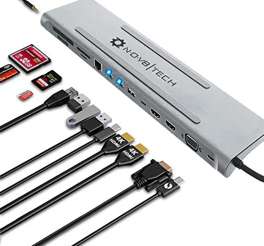 Docking station USB C NOV8Tech Hub 14-in-1 per laptop MacBook Pro Air e USB C XPS, Dual 2x...