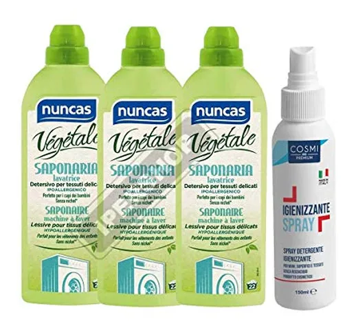 NUNCAS SET 3 VEGETALE SAPONARIA LAVATRICE 1 LT + COSMI IGIENIZZANTE SPRAY 150 ML