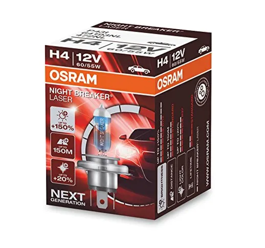 OSRAM NIGHT BREAKER LASER H4, +150% di luce in più, lampada alogena per fari, 64193NL, 12V...