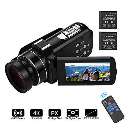 Video camera HD, Andoer 4K Ultra HD Palmare DV Videocamera professionale, 18X Digital Zoom...