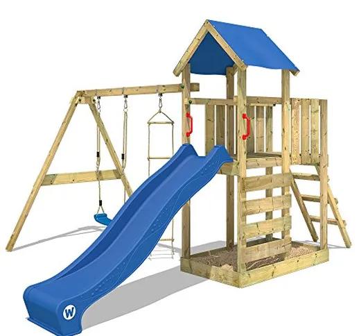 WICKEY Parco giochi in legno FastFlyer Giochi da giardino con altalena e scivolo blu, Torr...