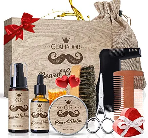 9 in1 Kit Barba per Uomo, GLAMADOR Set Per la Cura Della, Barba Crescita Toelettatura & Ri...