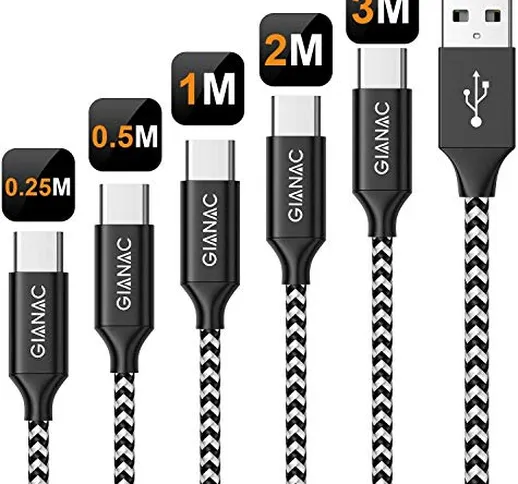 Cavo USB C, 5Pezzi[0.25M 0.5M 1M 2M 3M] 3A Nylon Cavo USB Type-C di Rapida Ricarica Trasmi...