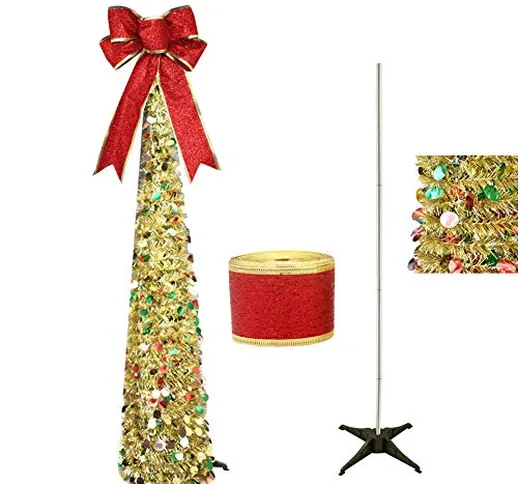 Awtlife Gold 150 cm Pop up Tinsel Tree di Natale, splendido Albero di Natale Artificiale P...