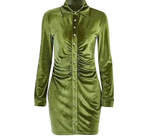 Vestito Abito Dress Donna Abito in Velluto Verde Colletto Rovesciato da Donna Manica Lunga...
