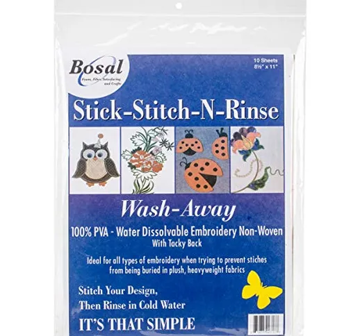 Bosal Stick-Stitch-N-Rinse Wash Away-Stabilizer 8,5"x 11 cm, 10 Pezzi, Altri, Multicolore