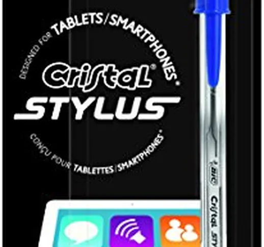 Bic Cristal Stylus Penna a Sfera Cristal, Pad per Touchscreen, Punta Media da 1,0 mm Blist...