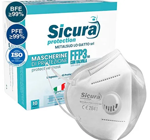 SICURA 10 Mascherine Protettive FFP3 con Valvola Certificate CE Made in Italy BFE ≥99% | P...