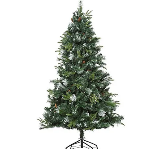 homcom Albero di Natale Artificiale di 180cm con 1077 Rami Leggermente Innevati, Pigne e B...