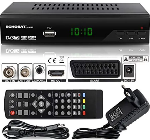 hd-line 2910 M DVBT2 Ricevitore Full HD 1080P 4K per TV (HEVC/H.265 HDMI SCART, USB 2.0, D...