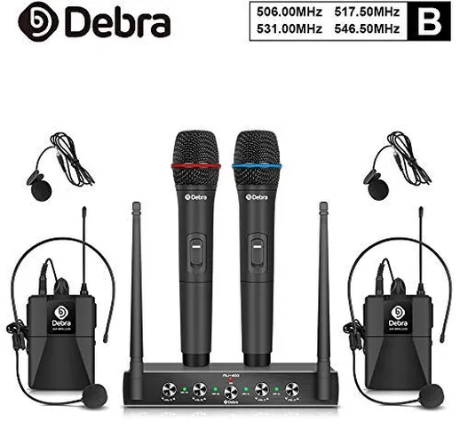 Debra Audio Pro UHF - Sistema di microfono senza fili a 4 canali con microfono lavalier se...