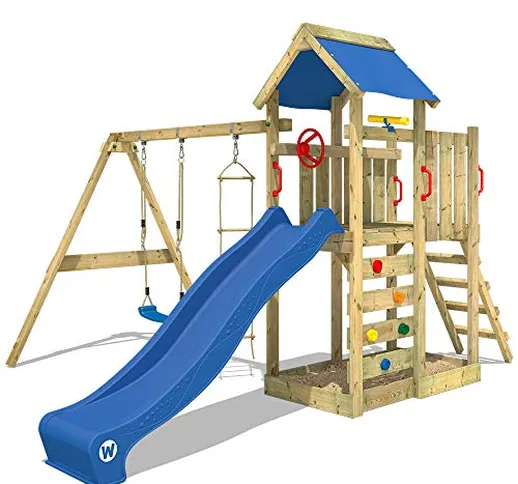 WICKEY Parco giochi in legno MultiFlyer Giochi da giardino con altalena e scivolo blu, Tor...