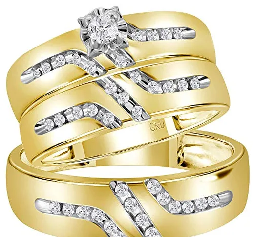 Oro giallo 14 kt & sua rotonda diamante solitario coordinati da sposa wedding Ring Band se...