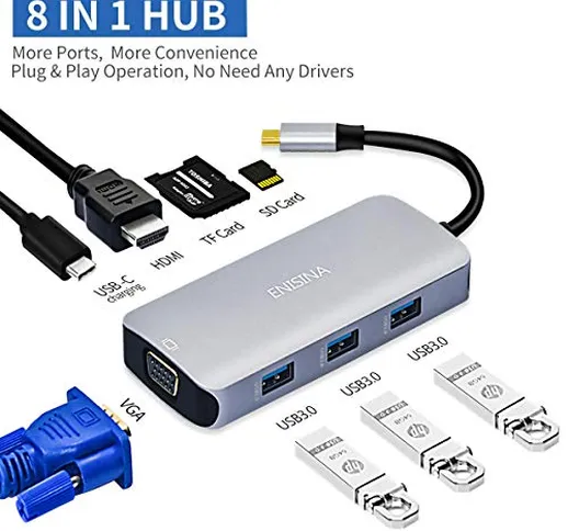 Enisina USB C Hub 8 Port Aluminum with 4K HDMI Adapter, VGA, 3 USB 3.0, Type C PD 60W (20V...