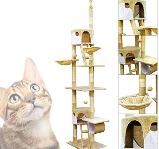 Albero tiragraffi a soffitto per gatti 240-260cm beige/bianco cuccette e amache