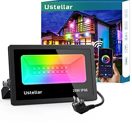 Ustellar Faretto LED RGB Smart 25W, Controllato APP Bluetooth Proiettore Faro Intelligente...