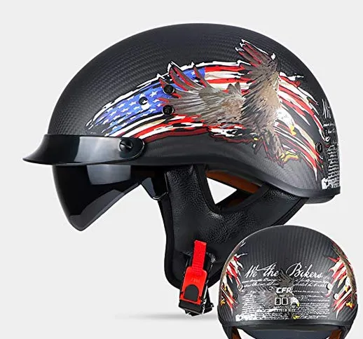 LALEO Vintage Harley Fibra di Carbonio Open Face Casco da Moto, Aquila Bandiera Americana...