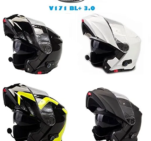 Viper V171 BL+ Nuovo Casco Moto Bluetooth Casco Modulare Touring Casco, Nero Lucido (M)
