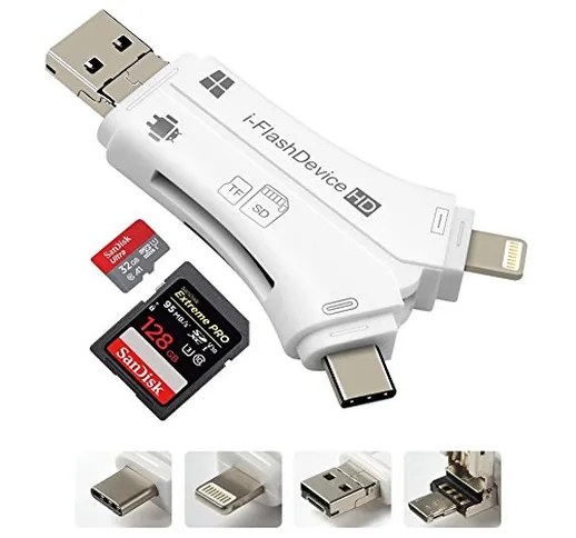 JF 4 in 1 Lettore di Schede di Memoria Esterni Lightning USB 2.0 Flash Drive Reader Card A...