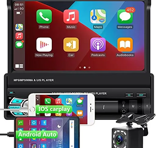 1DIN Autoradio Bluetooth con CarPlay e Android Auto Touchscreen da 7 pollici, lettore MP5...
