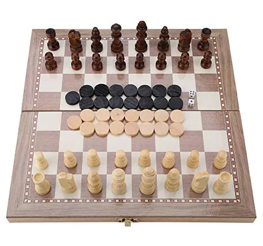 3 in 1 Scacchi e Dama e Backgammon in Legno Gioco da Tavolo Portatile Pieghevole Viaggio S...