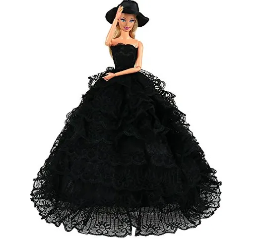 Miunana Abito Vestito Lungo di Pizzo con Cappello per Bambola Barbie Dolls - Nero