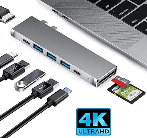 XYC EC HUB USB C, Adattatore USB C con HDMI 4K, Thunderbolt 3, 3 USB 3.0, USB-C Port, Lett...