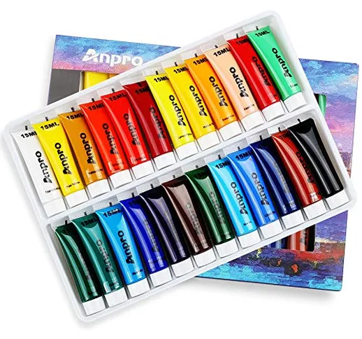 Anpro Set di 24 Colori e 15 ml di Vernice Acrilica, Dotato di 3 Spazzole, Molto Adatto per...