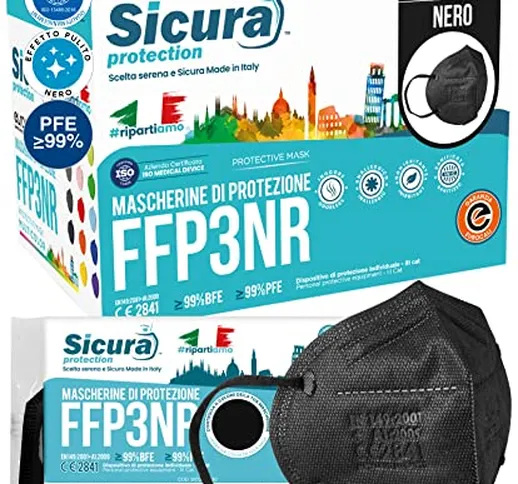 25 Mascherine FFP3 Certificate CE Nere Made in Italy e logo SICURA impresso PFE ≥99% | BFE...
