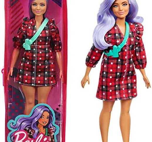 Barbie -Fashionistas Bambola con Capelli Viola, Camicia a Quadri e Accessori, Giocattolo p...