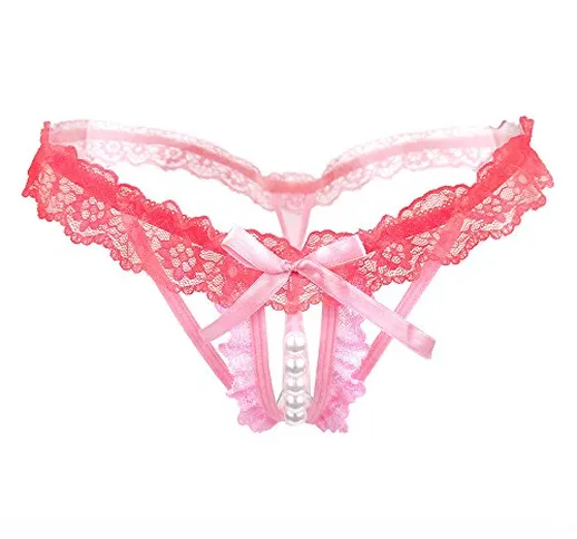 R-Cors Perizoma da Donna Sexy in Pizzo con Fiocco in Pizzo e Perline(Rosa,One Size)