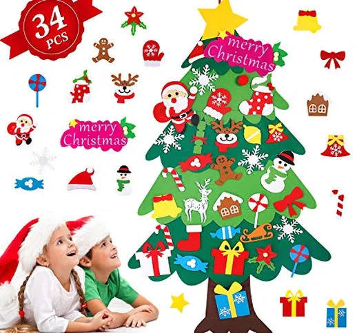 Albero di Natale in Feltro per Bambini, Albero Natale Feltro con 34 Pezzi Ornamenti Stacca...