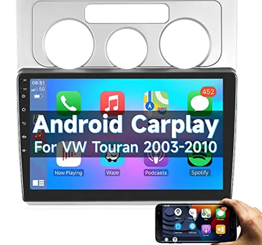 Podofo Carplay Autoradio per VW Touran 2003-2010,Android 2G+32G Hifi,10" Touchscreen Andro...