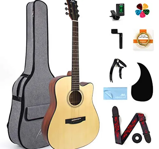 AKLOT Chitarra acustica 41 '' abete rosso 4/4 chitarre folk 6 corde in acciaio con 8 kit d...