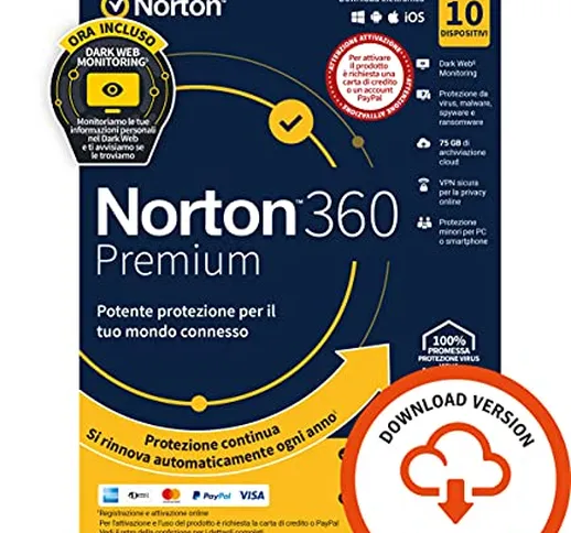 Norton 360 Premium 2022 |Antivirus per 10 Dispositivi | Licenza di 1 anno con rinnovo auto...