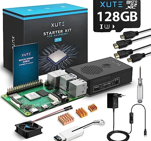 Xute Raspberry Pi 4 Model B 8GB RAM Starter Kit con MicroSD Scheda da 128GB, Alimentatore...